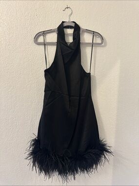 Amanda Uprichard Black Feather-Trim Halter Mini Dress